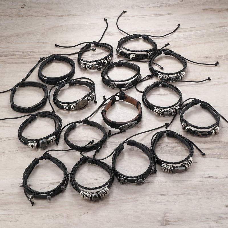 Set narukvica s privjescima od legure s motivom lubanje, ručna izrada, materijal Cortex, 16-dijelna kožna kolekcija narukvica, unisex retro stil