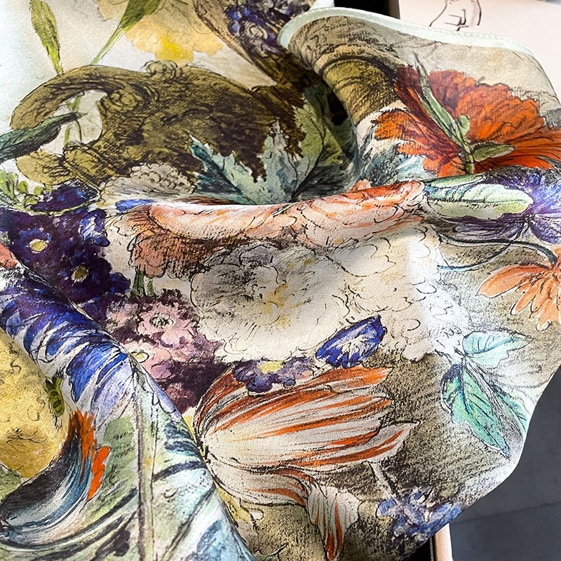 Șal pătrat din mătase Mulberry Silk - imprimeu vintage (vară, Hangzhou, țesătură simplă, tie-dye)