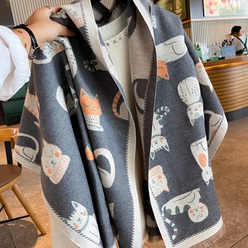 Kétoldalas műkasmír sál, warp-kötésű; 100% poliészter; meleg télre; háromdimenziós macskamintával.