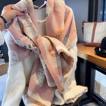 Kétoldalas műkasmír sál, warp-kötésű; 100% poliészter; meleg télre; háromdimenziós macskamintával.