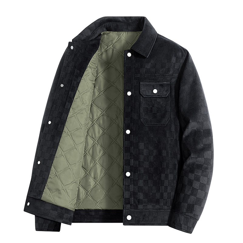 Férfi téli kabát kockás mintával, karcsú szabású, rever, egygombos záródás, oldalsó zsebek