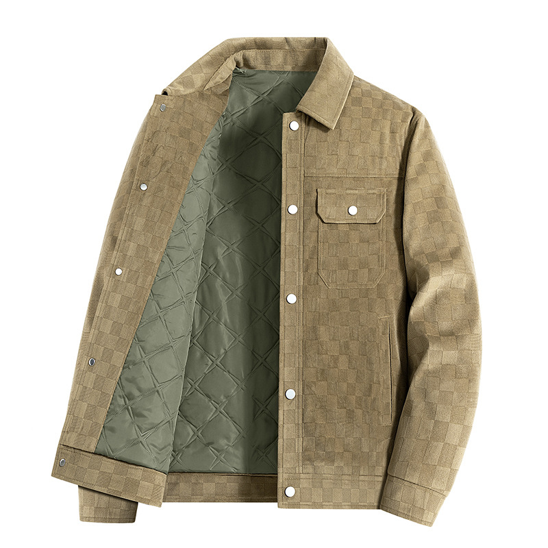 Férfi téli kabát kockás mintával, karcsú szabású, rever, egygombos záródás, oldalsó zsebek