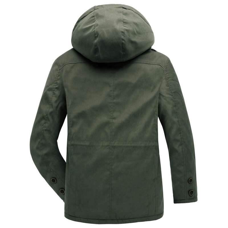 Kapucnis vastagított szélálló kabát, több zsebbel, középhosszú