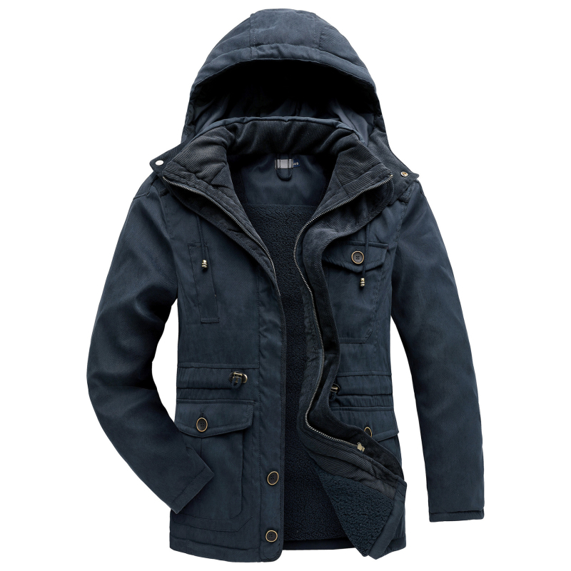 Kapucnis vastagított szélálló kabát, több zsebbel, középhosszú