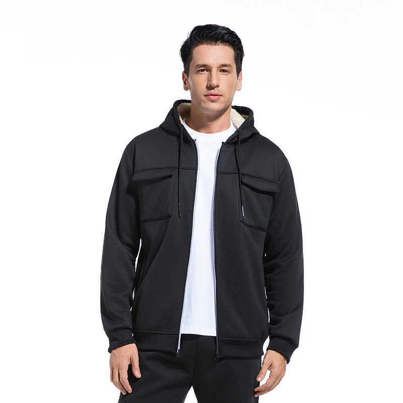 Pánska kapucňová bunda s fleecovou podšívkou, hrubá, voľný strih, zips vpredu, bočné vrecká, polyester
