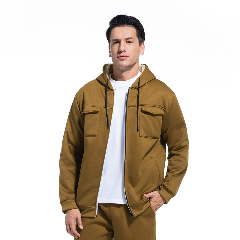 Pánska kapucňová bunda s fleecovou podšívkou, hrubá, voľný strih, zips vpredu, bočné vrecká, polyester