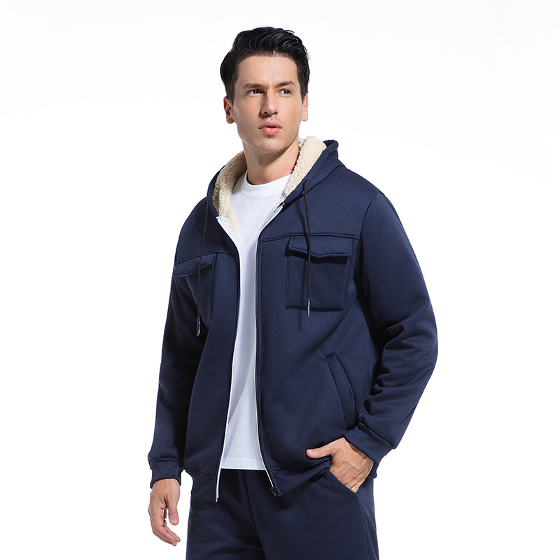 Pánska kapucňová bunda s fleecovou podšívkou, hrubá, voľný strih, zips vpredu, bočné vrecká, polyester