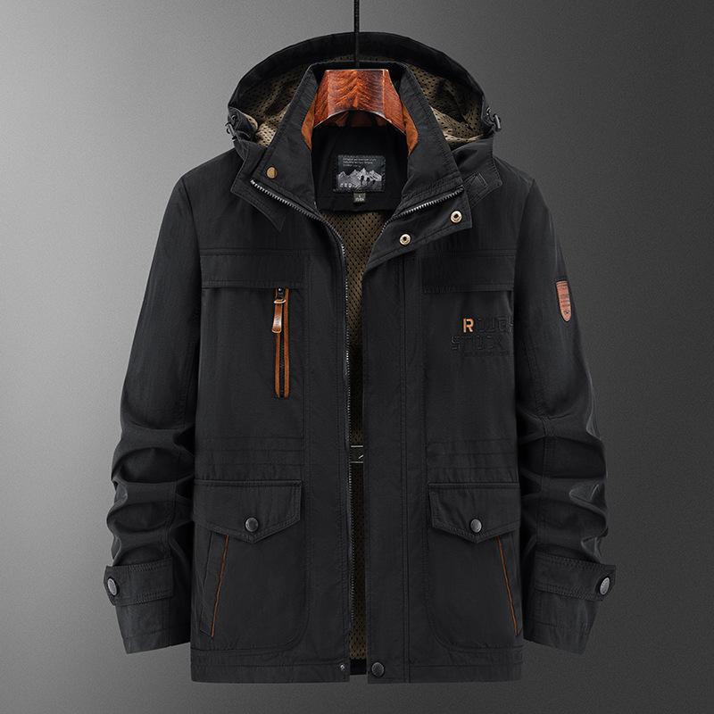 Férfi nylon dzseki – vízálló, szélálló, nedvesség-elvezető, középmagas hossz, állig érő gallér