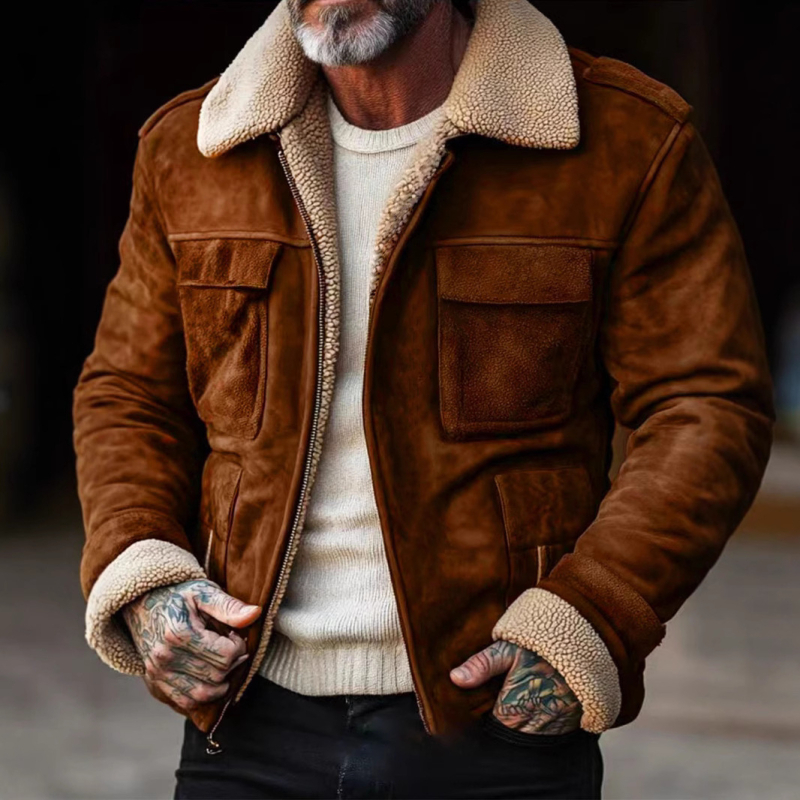 Vīriešu retro žakete ar reversu, vidēja garuma, vairāk kabatu, poliesteres audums