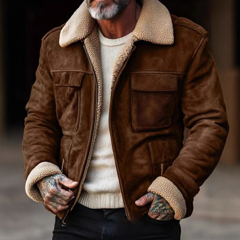 Vīriešu retro žakete ar reversu, vidēja garuma, vairāk kabatu, poliesteres audums