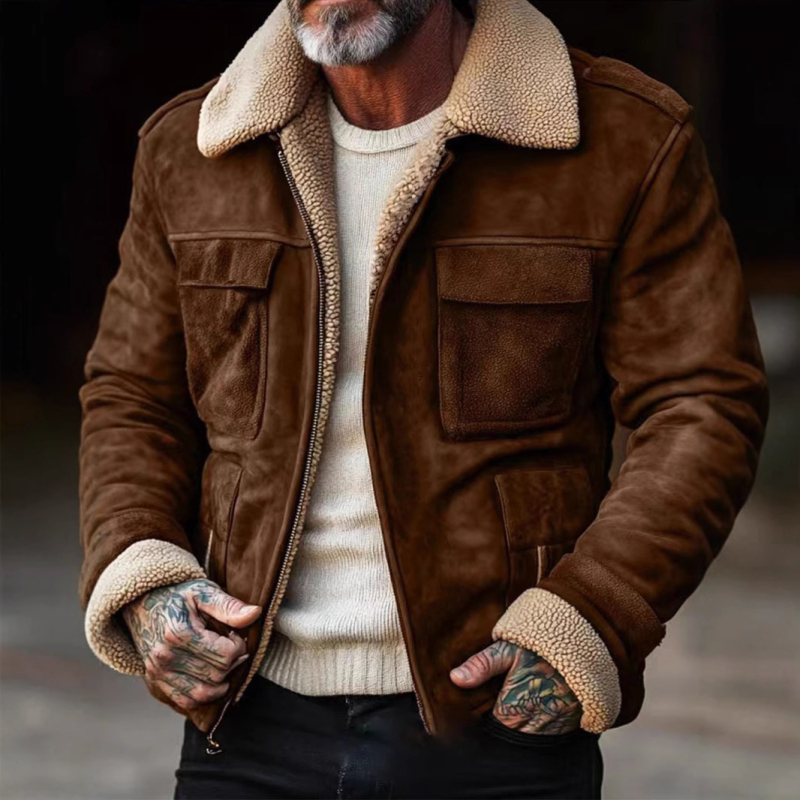 Vīriešu retro žakete ar reversu, vidēja garuma, vairāk kabatu, poliesteres audums