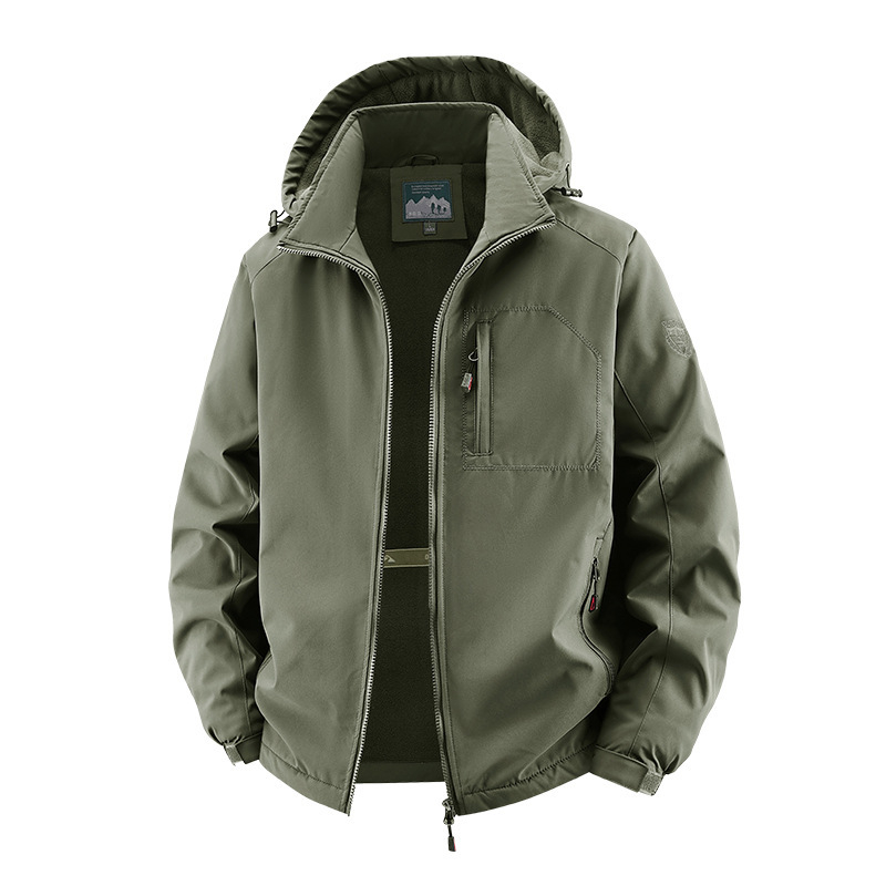 Férfi könnyű kültéri kabát, állógalléros, kapucnival, cipzárral, több zsebbel, tavasz–őszre