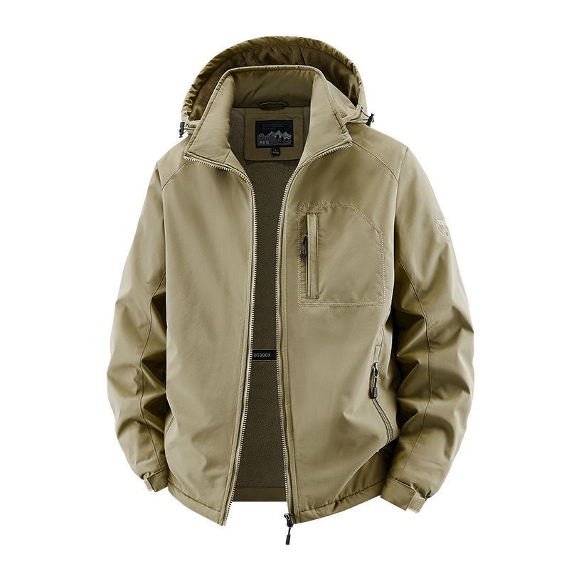 Férfi könnyű kültéri kabát, állógalléros, kapucnival, cipzárral, több zsebbel, tavasz–őszre