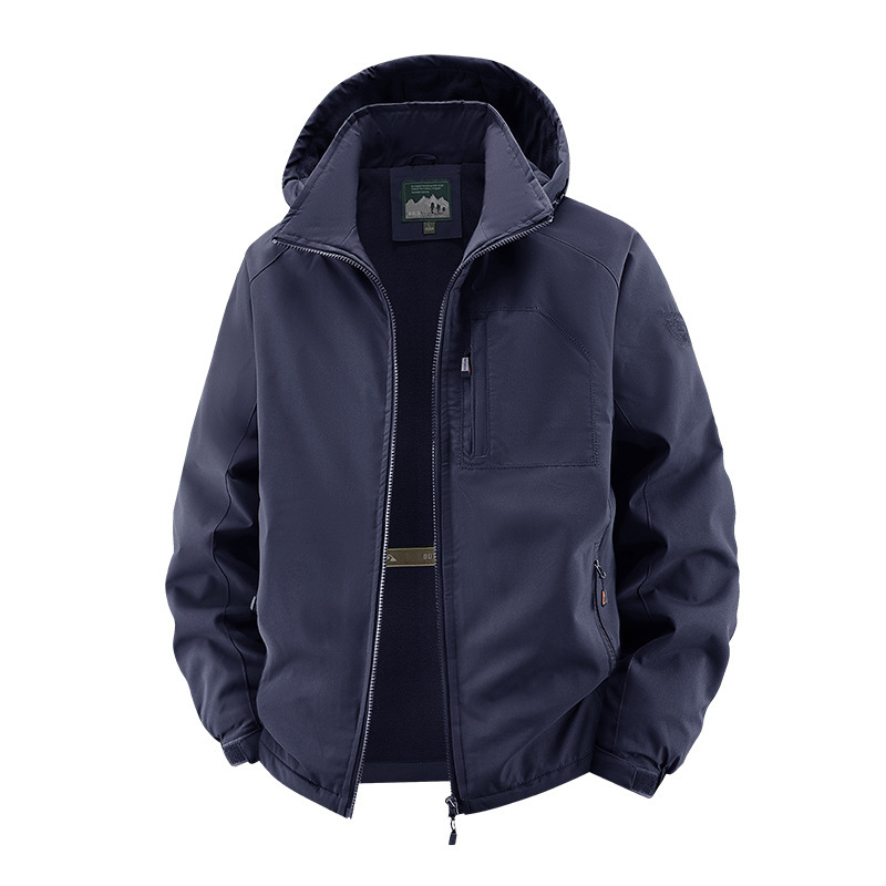 Férfi könnyű kültéri kabát, állógalléros, kapucnival, cipzárral, több zsebbel, tavasz–őszre