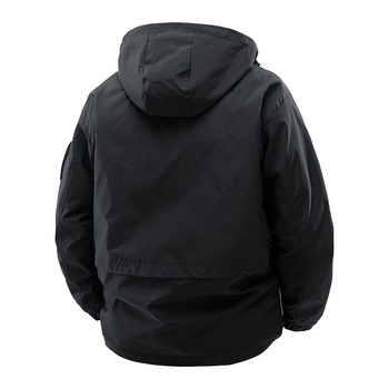 Férfi munkás kabát kapucnival – szélvédett és vízálló; anyag: poliészter keverék; bélés: poliészter; záródás: cipzár