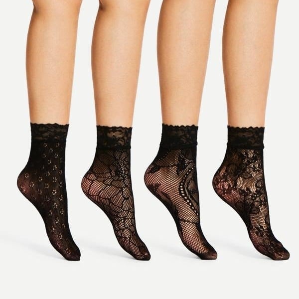 Korejskog stila proljetno-ljetne seksi mrežaste čarape s otvorenim jacquard uzorkom, ultra tanke, prozračne crne, set od 4 para
