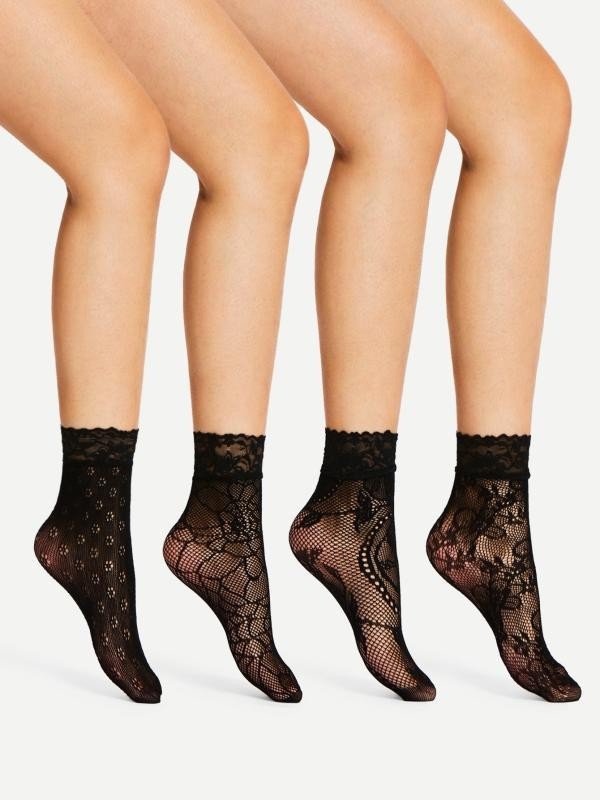 Korejskog stila proljetno-ljetne seksi mrežaste čarape s otvorenim jacquard uzorkom, ultra tanke, prozračne crne, set od 4 para