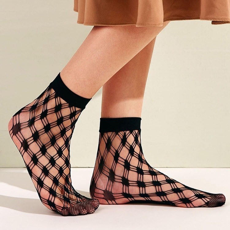 Korejskog stila proljetno-ljetne seksi mrežaste čarape s otvorenim jacquard uzorkom, ultra tanke, prozračne crne, set od 4 para