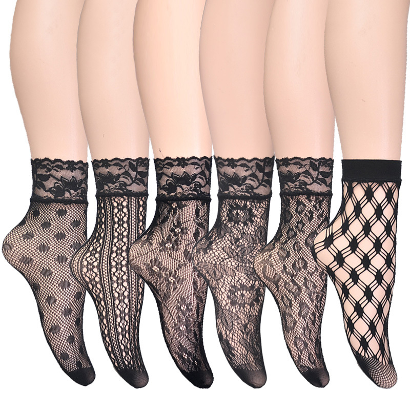 Korejskog stila proljetno-ljetne seksi mrežaste čarape s otvorenim jacquard uzorkom, ultra tanke, prozračne crne, set od 4 para