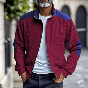 Corduroy jakna sa stojećim ovratnikom, slobodan kroj, patchwork dizajn, zatvarač sprijeda