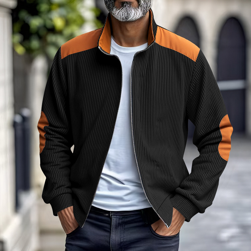Corduroy jakna sa stojećim ovratnikom, slobodan kroj, patchwork dizajn, zatvarač sprijeda