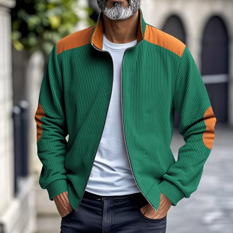 Corduroy jakna sa stojećim ovratnikom, slobodan kroj, patchwork dizajn, zatvarač sprijeda