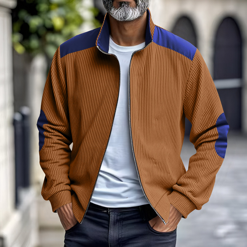 Corduroy jakna sa stojećim ovratnikom, slobodan kroj, patchwork dizajn, zatvarač sprijeda