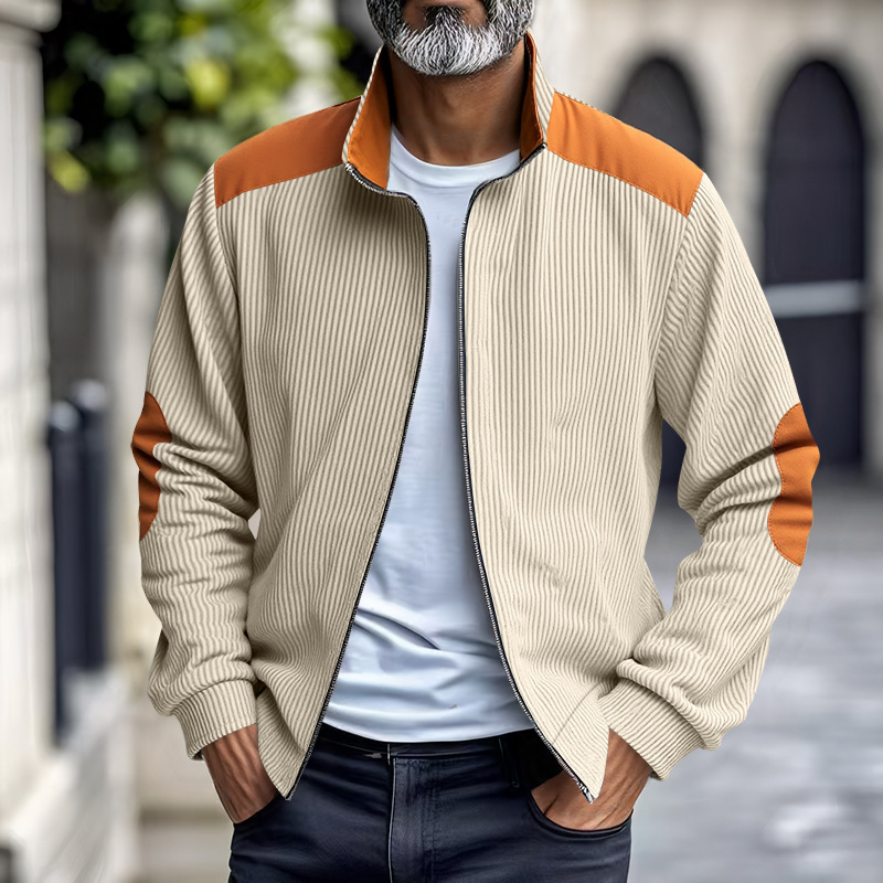 Corduroy jakna sa stojećim ovratnikom, slobodan kroj, patchwork dizajn, zatvarač sprijeda