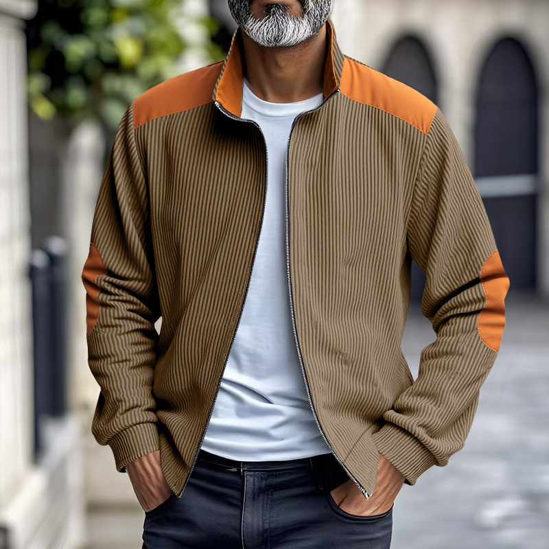 Corduroy jakna sa stojećim ovratnikom, slobodan kroj, patchwork dizajn, zatvarač sprijeda