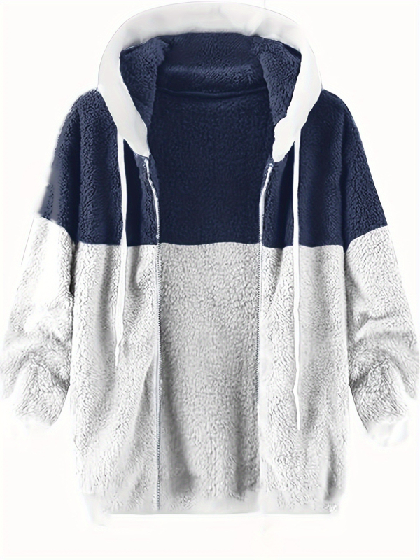 Férfi őszi-téli kétoldalas fleece kabát kapucnival, lazított szabású, cipzár elöl, gyapjúhatású külső, poliészter bélés, oldalsó zsebek