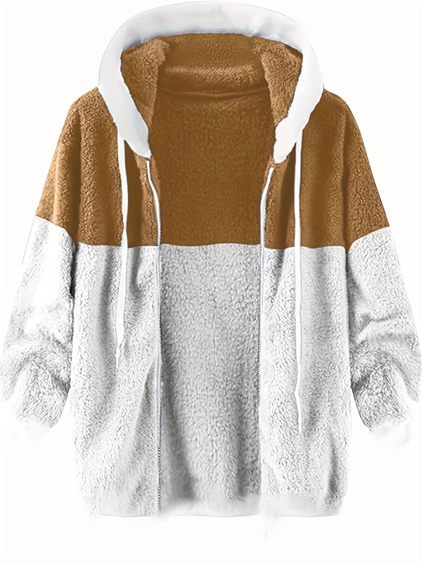 Férfi őszi-téli kétoldalas fleece kabát kapucnival, lazított szabású, cipzár elöl, gyapjúhatású külső, poliészter bélés, oldalsó zsebek