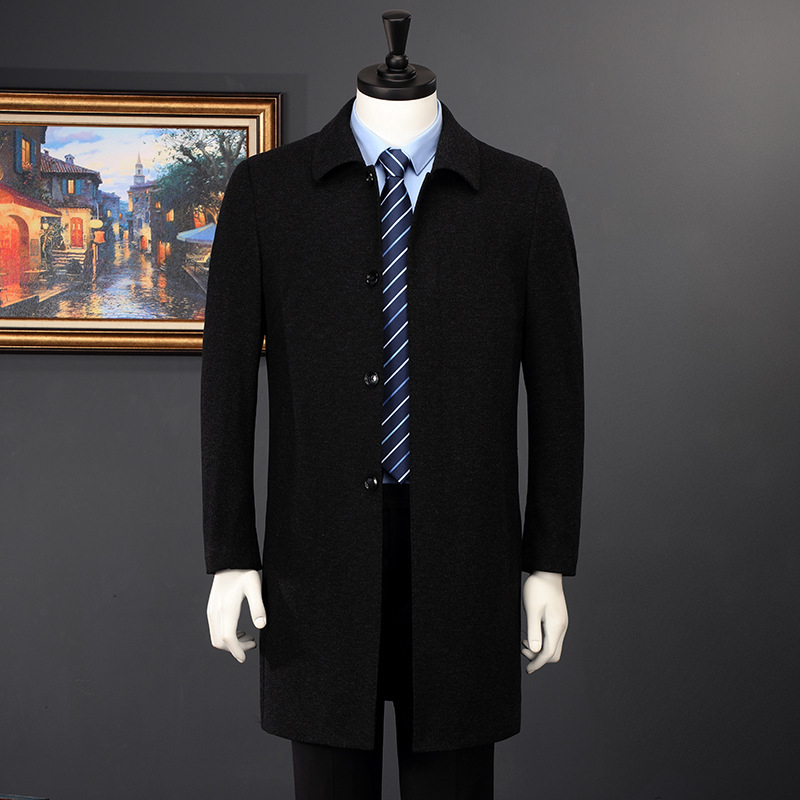 Gyapjú férfi kabát, galléros, egyrészes gombolás, középhosszú, hosszú ujjú