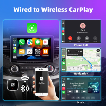 EC14 CarPlay belaidis adapteris su aliuminio lydinio korpusu ir akrilo veidrodžiu, USB jungtis, sveria 40 g, tinka automobiliams su laidiniu CarPlay arba laidiniu Android Auto.