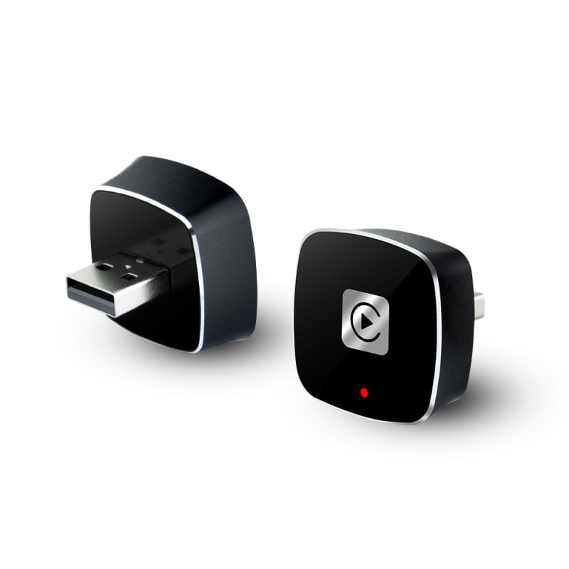 EC14 CarPlay belaidis adapteris su aliuminio lydinio korpusu ir akrilo veidrodžiu, USB jungtis, sveria 40 g, tinka automobiliams su laidiniu CarPlay arba laidiniu Android Auto.