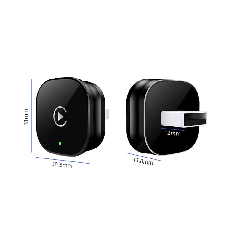 EC14 CarPlay belaidis adapteris su aliuminio lydinio korpusu ir akrilo veidrodžiu, USB jungtis, sveria 40 g, tinka automobiliams su laidiniu CarPlay arba laidiniu Android Auto.