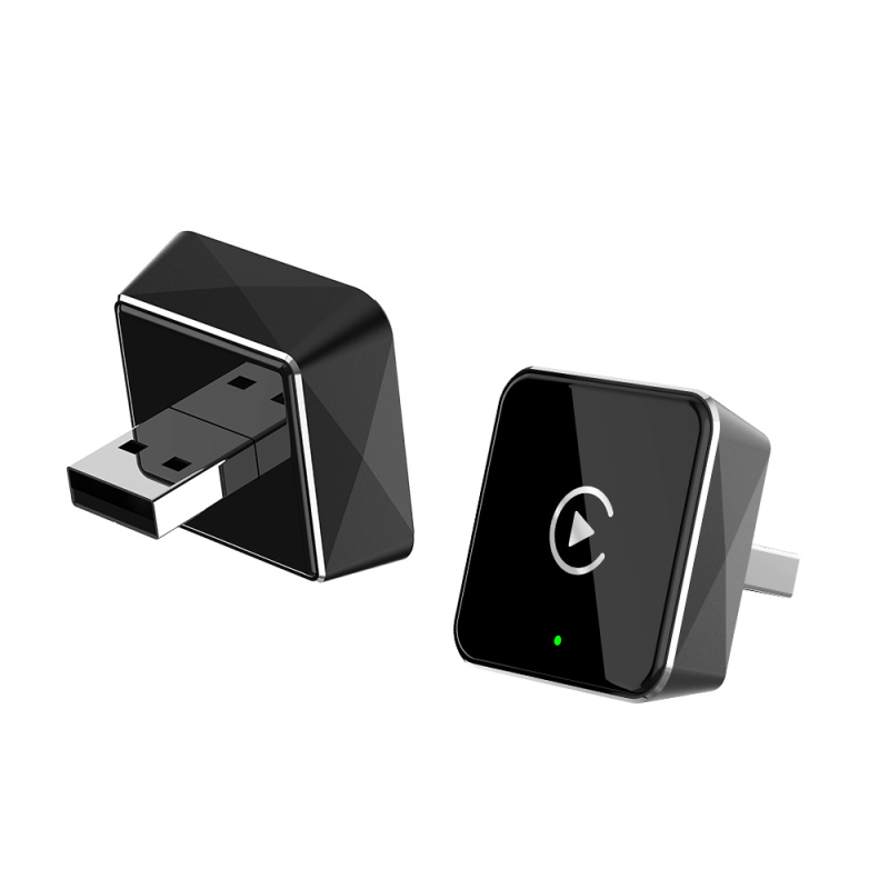 EC14 CarPlay belaidis adapteris su aliuminio lydinio korpusu ir akrilo veidrodžiu, USB jungtis, sveria 40 g, tinka automobiliams su laidiniu CarPlay arba laidiniu Android Auto.