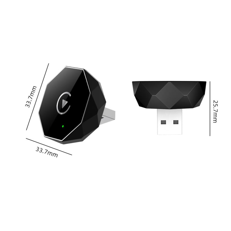 EC14 CarPlay belaidis adapteris su aliuminio lydinio korpusu ir akrilo veidrodžiu, USB jungtis, sveria 40 g, tinka automobiliams su laidiniu CarPlay arba laidiniu Android Auto.