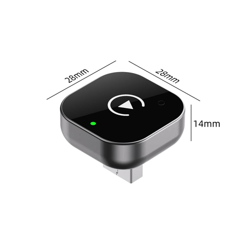 EC14 CarPlay belaidis adapteris su aliuminio lydinio korpusu ir akrilo veidrodžiu, USB jungtis, sveria 40 g, tinka automobiliams su laidiniu CarPlay arba laidiniu Android Auto.