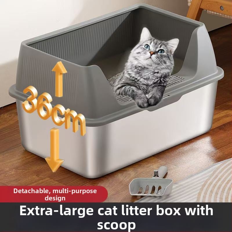 Rozsdamentes acél macskaalomtál, kétszintes kialakítás, fröccsenés elleni, fedéllel, több macskának