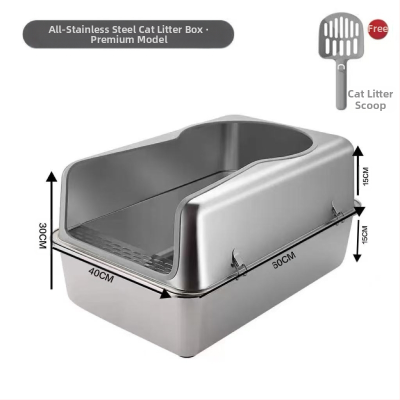 Rozsdamentes acél macskaalomtál, kétszintes kialakítás, fröccsenés elleni, fedéllel, több macskának