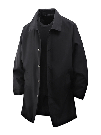 T763 férfi kabát, japán stílus, gallér: rever, egygombos zárás, laza szabás, középső hossz, egyszínű poliészter külső a tavasz 2025-re