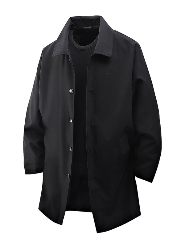 T763 férfi kabát, japán stílus, gallér: rever, egygombos zárás, laza szabás, középső hossz, egyszínű poliészter külső a tavasz 2025-re