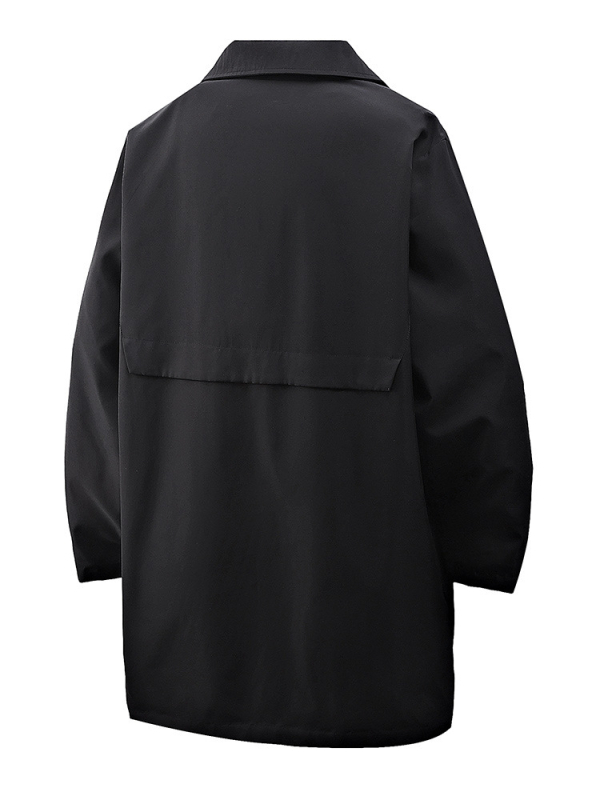 T763 férfi kabát, japán stílus, gallér: rever, egygombos zárás, laza szabás, középső hossz, egyszínű poliészter külső a tavasz 2025-re