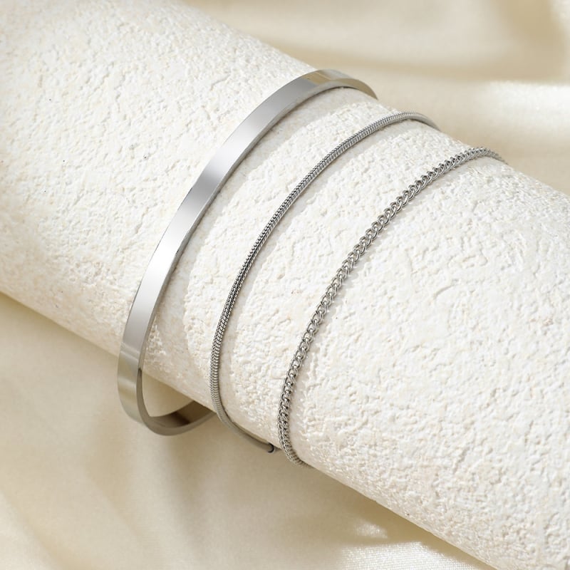 3-dijelni set narukvica od nehrđajućeg čelika – slojevite, s lancima zmije, kutijske i kubanske – geometrijski stil, unisex nakit, elektroplatirano