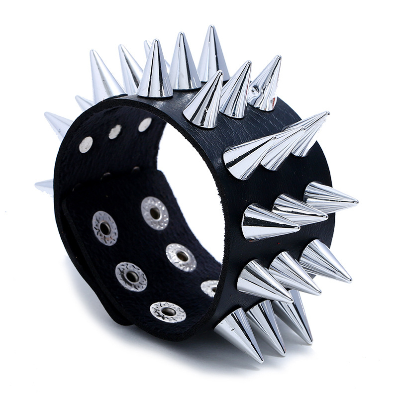 Brățară punk cu trei rânduri de țepi, material plastic/rezin, model F002, unisex stil geometric, imprimare logo