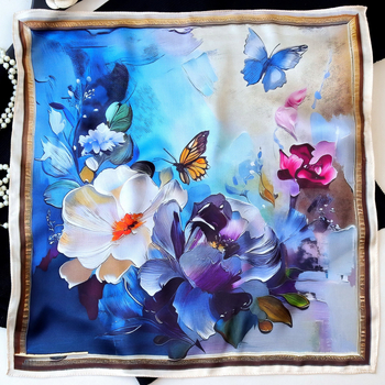 Τετράγωνο φουλάρι από σατέν μετάξι Mulberry με μοτίβο κήπου σε στιλ ζωγραφιάς λαδιού για το καλοκαίρι, διακοσμητικό αξεσουάρ για τον λαιμό