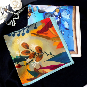 Τετράγωνο φουλάρι από σατέν μετάξι Mulberry με μοτίβο κήπου σε στιλ ζωγραφιάς λαδιού για το καλοκαίρι, διακοσμητικό αξεσουάρ για τον λαιμό