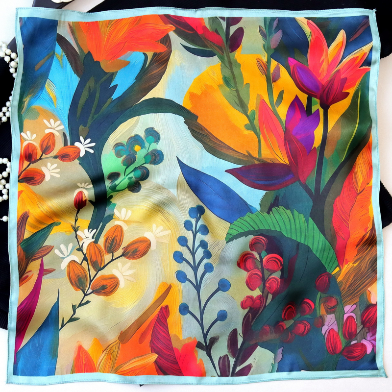 Τετράγωνο φουλάρι από σατέν μετάξι Mulberry με μοτίβο κήπου σε στιλ ζωγραφιάς λαδιού για το καλοκαίρι, διακοσμητικό αξεσουάρ για τον λαιμό