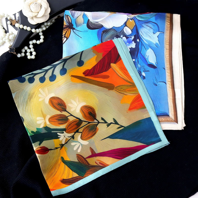 Τετράγωνο φουλάρι από σατέν μετάξι Mulberry με μοτίβο κήπου σε στιλ ζωγραφιάς λαδιού για το καλοκαίρι, διακοσμητικό αξεσουάρ για τον λαιμό