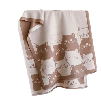 Dviviečiai šalai su katės karikatūros motyvu, dirbtinis kašmyras iš poliesterio, warp mezgimas, jacquard apdaila, žiemos kolekcija 2024